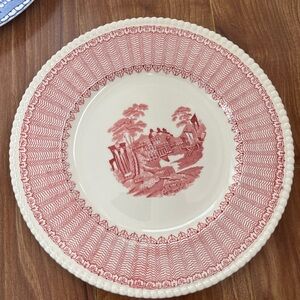 Vintage Soho Pottery red pink transferware dinner plate  England Ambassador Ware